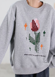 Women Grey Embroidered Graphic Warm Fleece Sweatshirt Winter