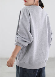 Women Grey Embroidered Graphic Warm Fleece Sweatshirt Winter