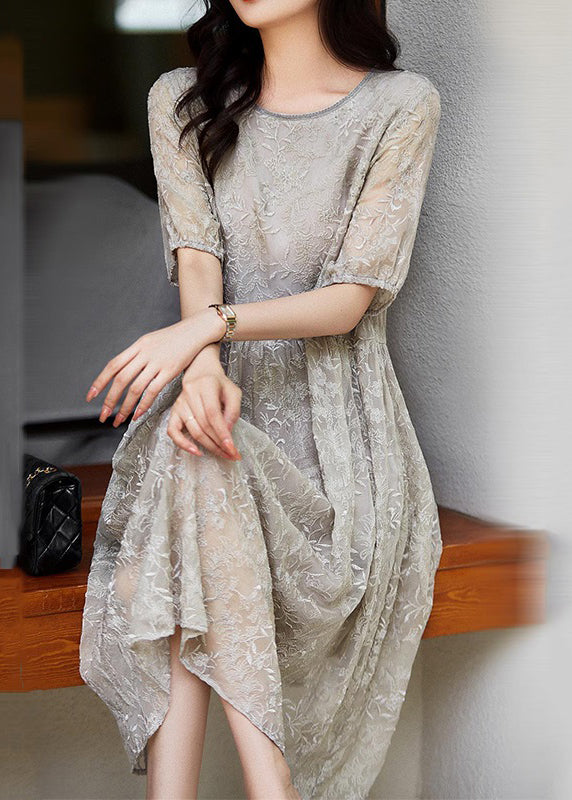 Women Grey Embroidered Wrinkled Patchwork Lace Dresses Summer