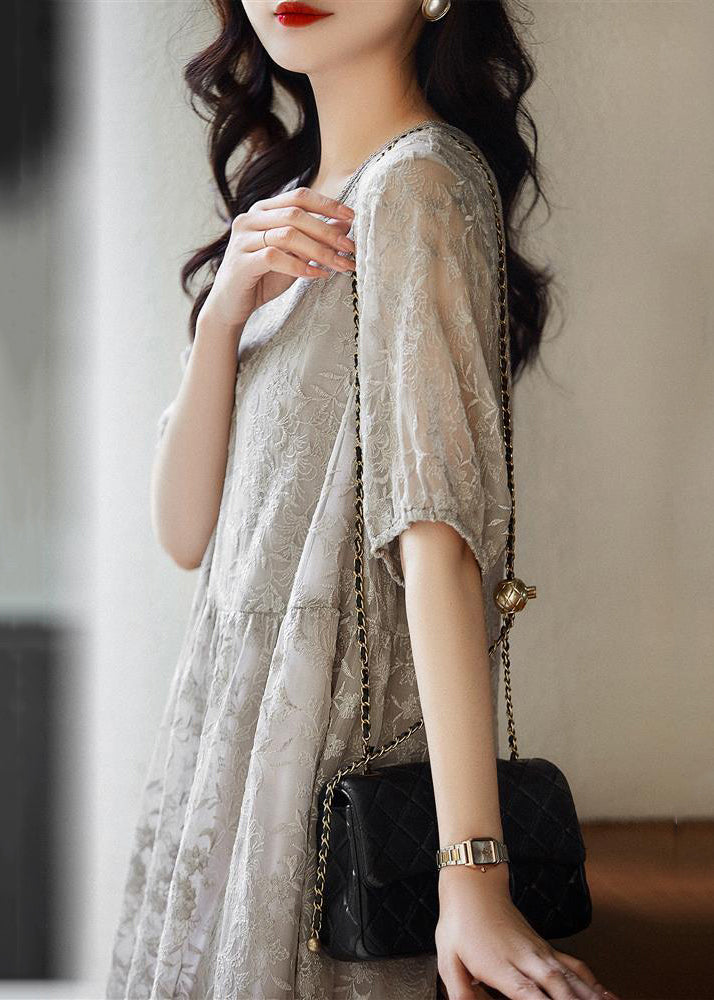 Women Grey Embroidered Wrinkled Patchwork Lace Dresses Summer