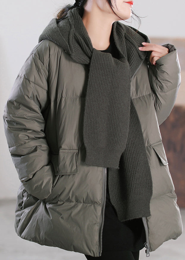 Women Grey Green Zippered Patchwork Removable Hooded Duck Down Down Coats Winter