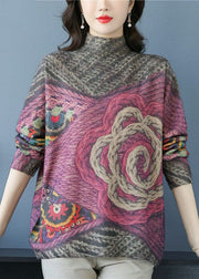 Women Grey High Neck Print Wool Knit Short Sweater Winter