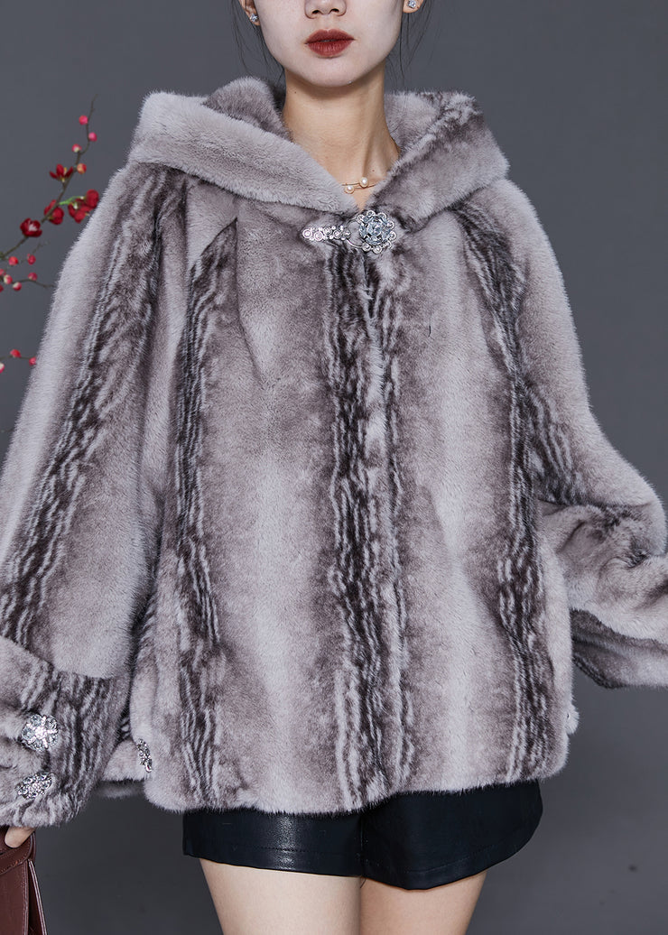 Women Grey Hooded Pockets Mink Velvet Coats Winter