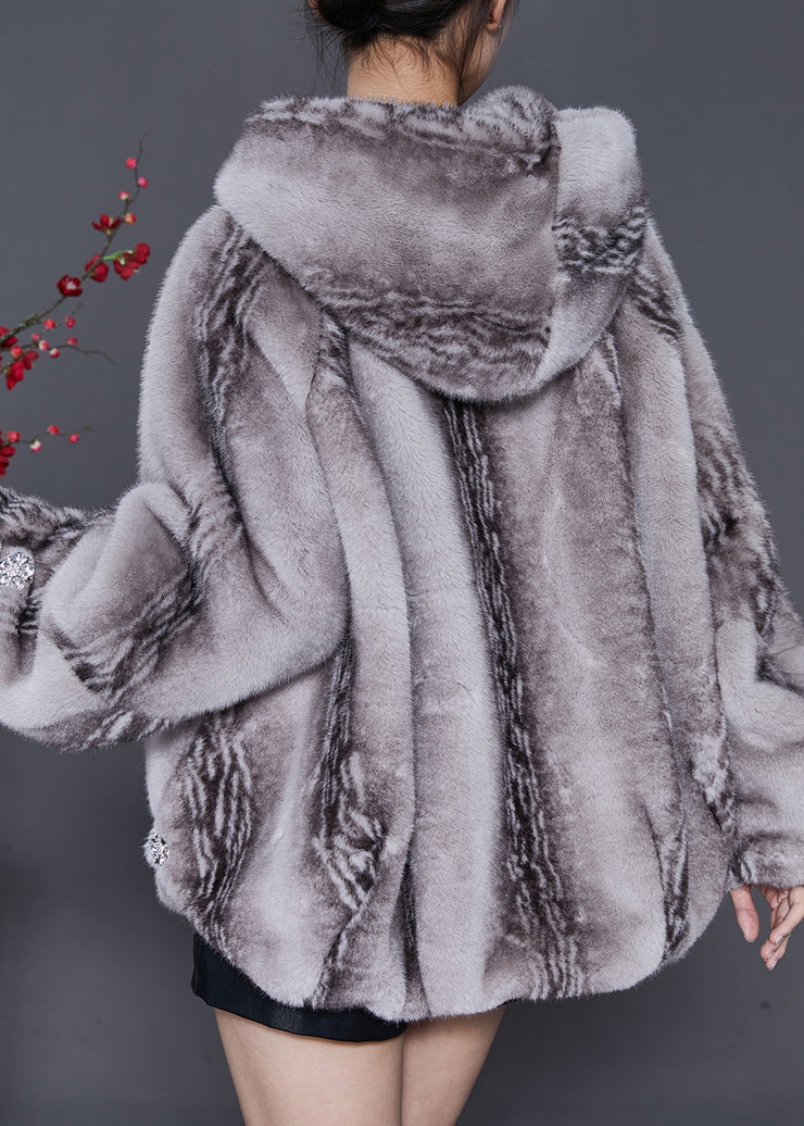Women Grey Hooded Pockets Mink Velvet Coats Winter