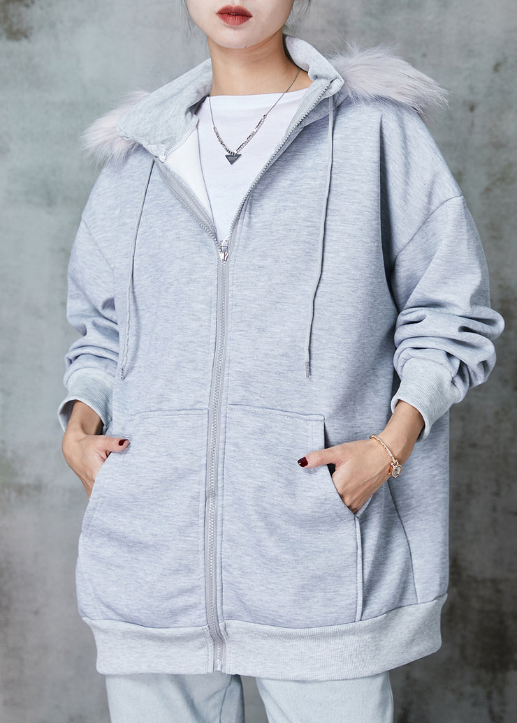 Women Grey Hooded Pockets Warm Fleece Sweatshirt Coats Spring