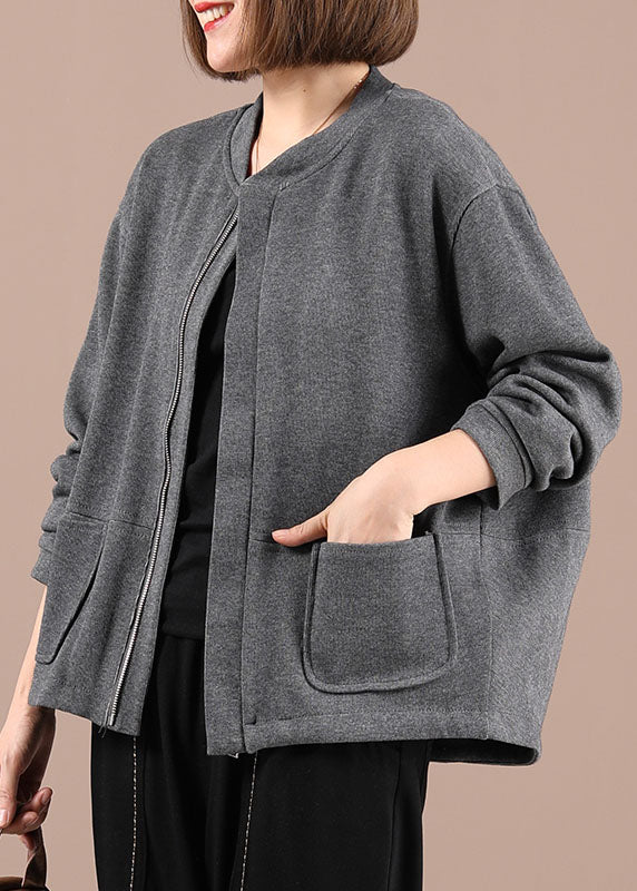 Women Grey Knit Zippered Patchwork Fall Long Sleeve Jackets