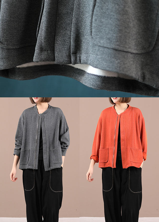 Women Grey Knit Zippered Patchwork Fall Long Sleeve Jackets