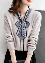 Women Grey Lace Up Button Patchwork Knit Sweaters Long Sleeve