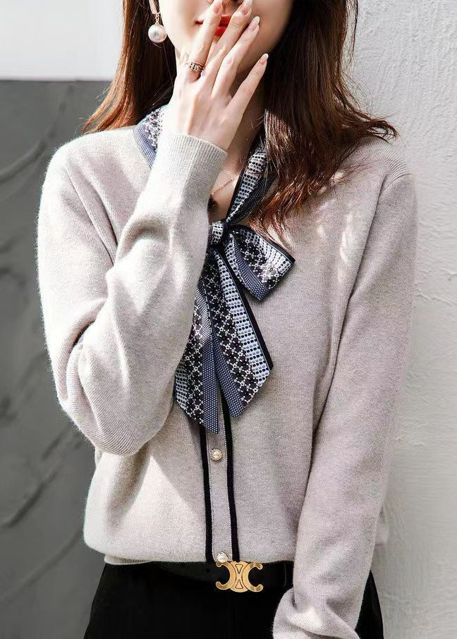 Women Grey Lace Up Button Patchwork Knit Sweaters Long Sleeve