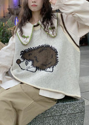Women Grey O-Neck Animal Print Cotton Knit Waistcoat Fall