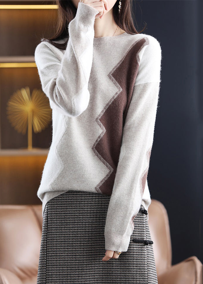 Women Grey O Neck Asymmetrical Patchwork Wool Sweaters Fall
