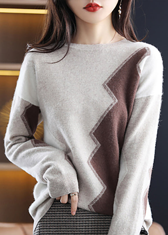 Women Grey O Neck Asymmetrical Patchwork Wool Sweaters Fall