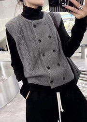 Women Grey O-Neck Button Cozy Wool Cable Knit Waistcoat Fall