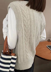 Women Grey O-Neck Button Cozy Wool Cable Knit Waistcoat Fall