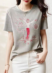 Women Grey O Neck Embroidered Patchwork Cotton T Shirt Summer