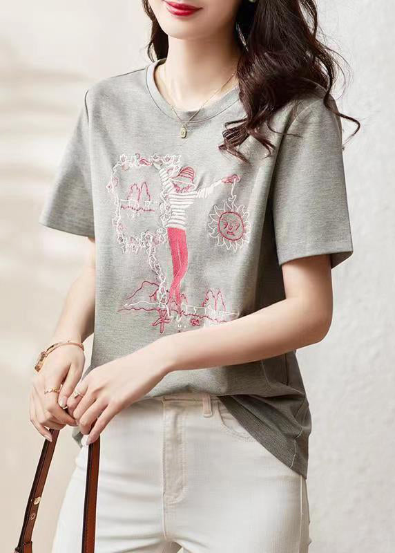Women Grey O Neck Embroidered Patchwork Cotton T Shirt Summer
