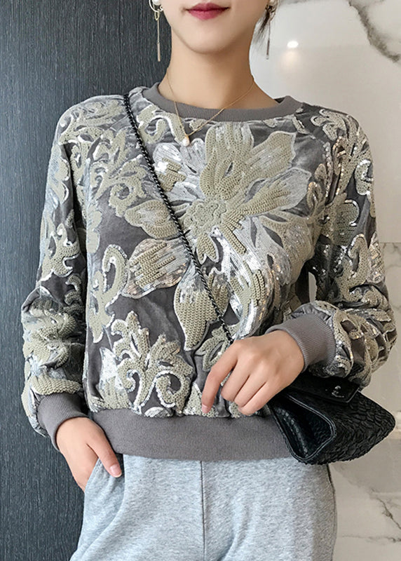 Women Grey O-Neck Embroidered Velour Sweatshirt Long Sleeve