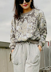 Women Grey O-Neck Embroidered Velour Sweatshirt Long Sleeve