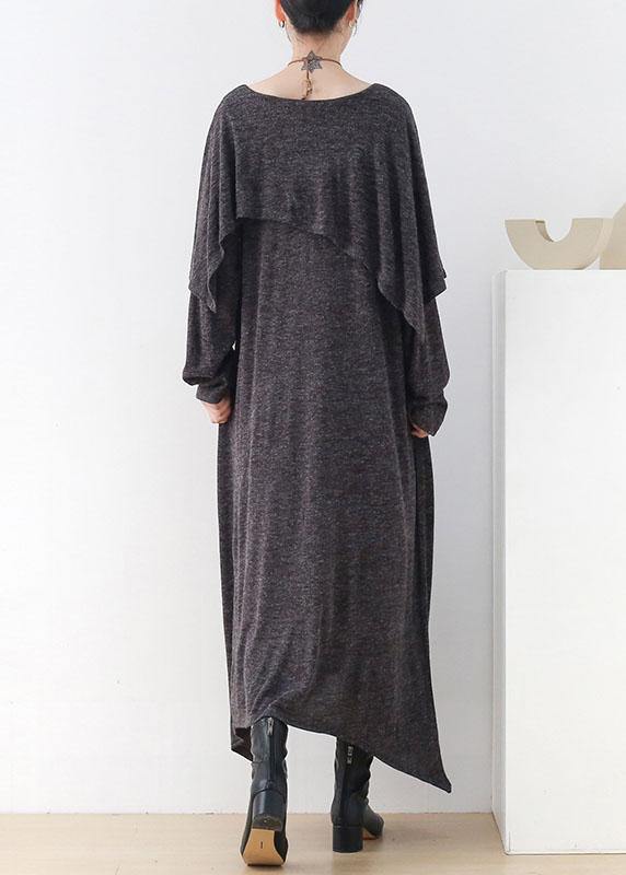 Women Grey O-Neck Patchwork Fall Cotton Dress - SooLinen
