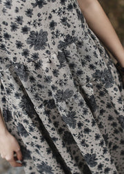 Women Grey O-Neck Print Long Dress Short Sleeve
