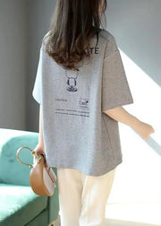 Women Grey O Neck Print Patchwork Cotton T Shirt Summer