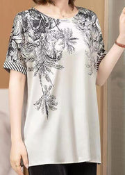 Women Grey O Neck Print Patchwork Silk T Shirt Short Sleeve