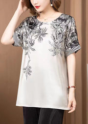 Women Grey O Neck Print Patchwork Silk T Shirt Short Sleeve