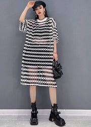 Women Grey O-Neck Striped Print Hollow Out Tulle Vogue Dress Half Sleeve