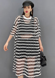 Women Grey O-Neck Striped Print Hollow Out Tulle Vogue Dress Half Sleeve