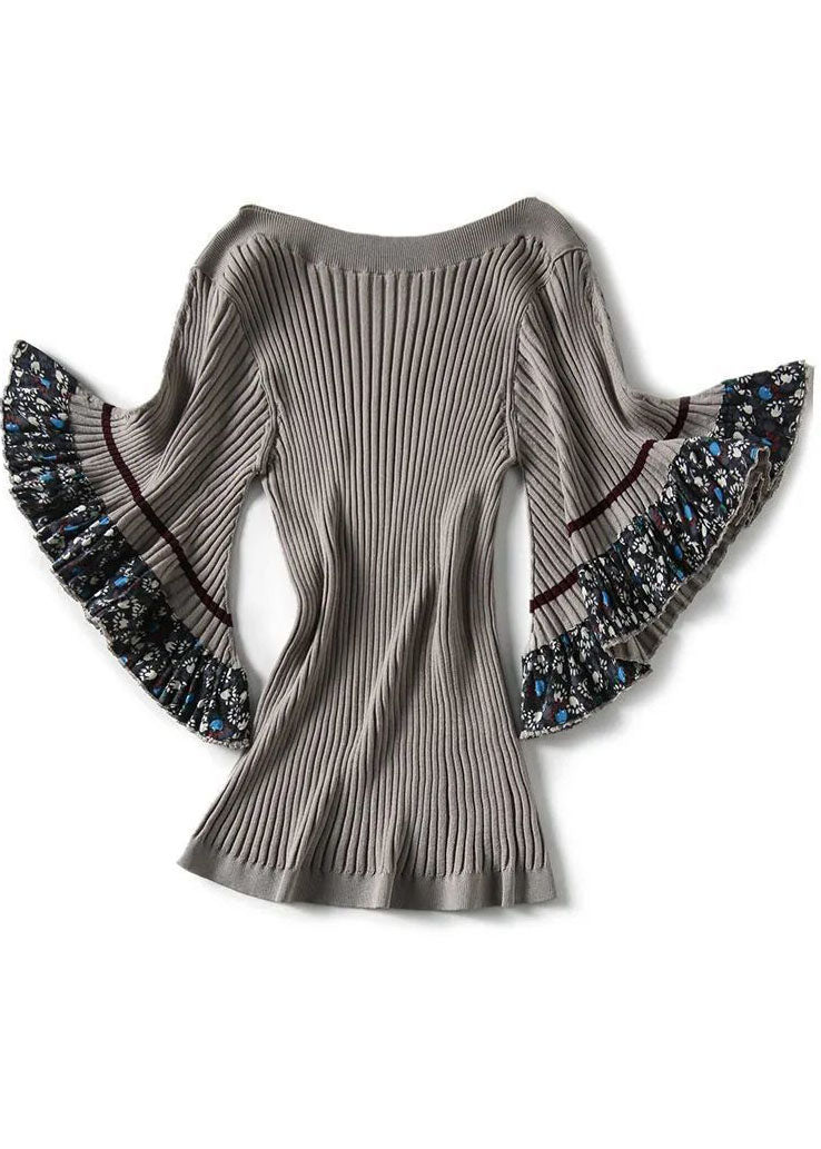 Women Grey O-Neck Thick Print Knit Sweater Tops Flare Sleeve