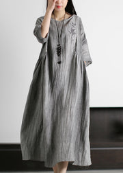 Women Grey O-Neck Wrinkled Embroidered Linen Dress Half Sleeve