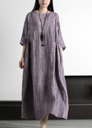 Women Grey O-Neck Wrinkled Embroidered Linen Dress Half Sleeve