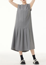 Women Grey O Neck Wrinkled Patchwork Spandex Long Dress Sleeveless