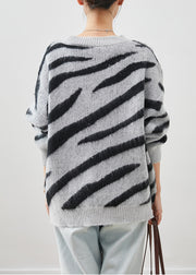 Women Grey Oversized Zebra Pattern Print Knit Short Sweater Fall