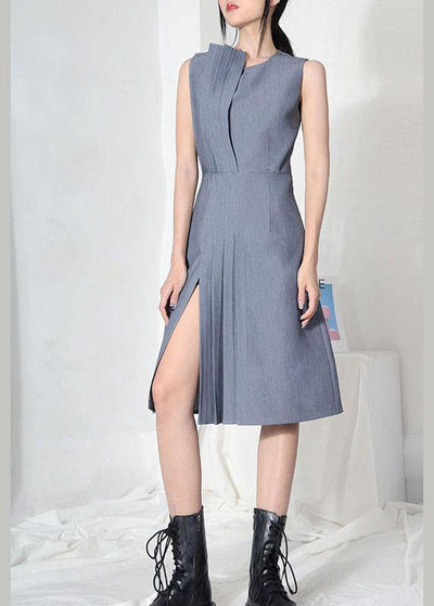 Women Grey Patchwork Cotton asymmetrical design Dresses - SooLinen