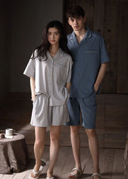 Women Grey Peter Pan Collar Patchwork Button Cotton Couple Pajamas Two Pieces Set Short Sleeve
