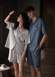 Women Grey Peter Pan Collar Patchwork Button Cotton Couple Pajamas Two Pieces Set Short Sleeve