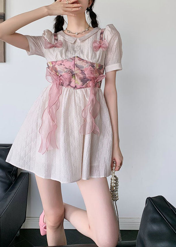 Women Grey Pink Bow Patchwork Print Silk Day Dress Summer
