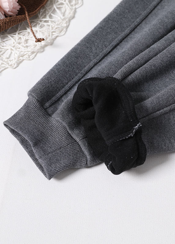 Women Grey Pockets Warm Fleece Casual Pants Winter