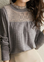 Women Grey Ruffled Patchwork Hollow Out Knit Shirts Spring