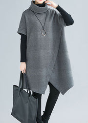 Women Grey Turtle Neck asymmetrical design Dresses Short Sleeve
