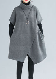 Women Grey Turtle Neck asymmetrical design Dresses Short Sleeve