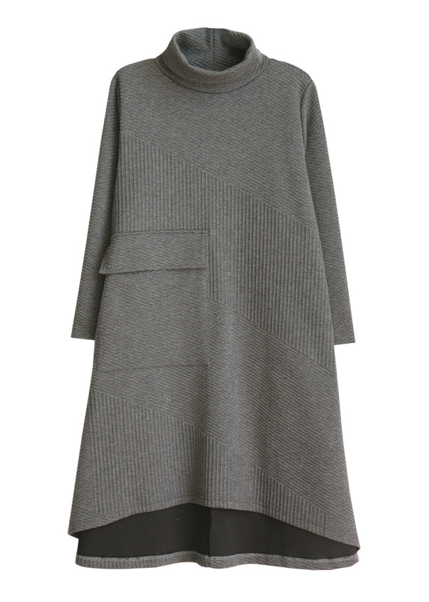 Women Grey Turtle Neck pocket Knit Dress Long Sleeve
