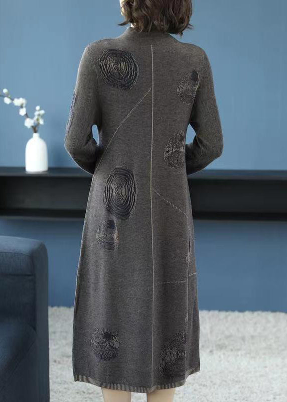 Women Grey Turtleneck Patchwork Cotton Knit Dress Fall
