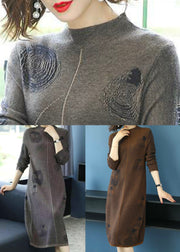 Women Grey Turtleneck Patchwork Cotton Knit Dress Fall