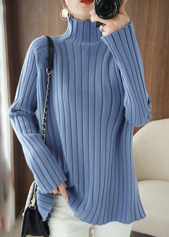 Women Grey Turtleneck Striped Knitting Sweaters Long Sleeve