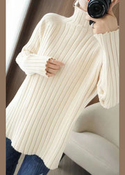 Women Grey Turtleneck Striped Knitting Sweaters Long Sleeve