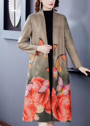 Women Grey V Neck Butterfly Print Faux Suede Coats Long Sleeve