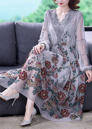Women Grey V Neck Patchwork Embroidered Silk Cinched Dress Lantern Sleeve