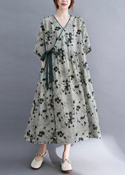 Damen Grau V-Ausschnitt Print Leinen Langes Kleid Kurzarm